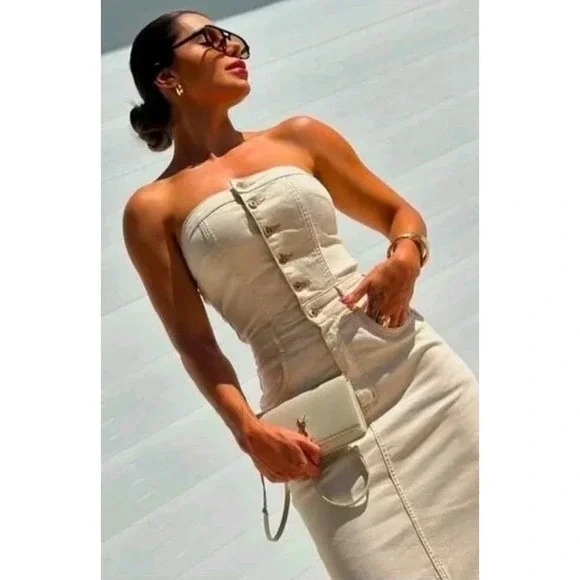 Sincerely Jules Strapless Square Neck Denim Midi Pencil Dress Beige NEW Neutral - Picture 5 of 12